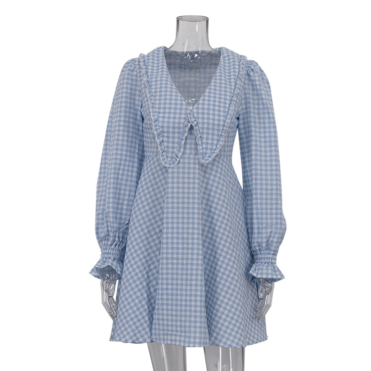 Temperament Commute Design Sense A- Line Plaid Butterfly Collar Long Sleeve Dress