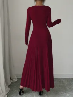Long Sleeve Knitted Long Skirt Pleated Dress Elegant - Wine Red - View 1