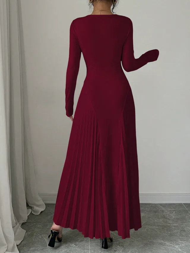 Long Sleeve Knitted Long Skirt Pleated Dress Elegant Wine Red - Shop at LoveMi