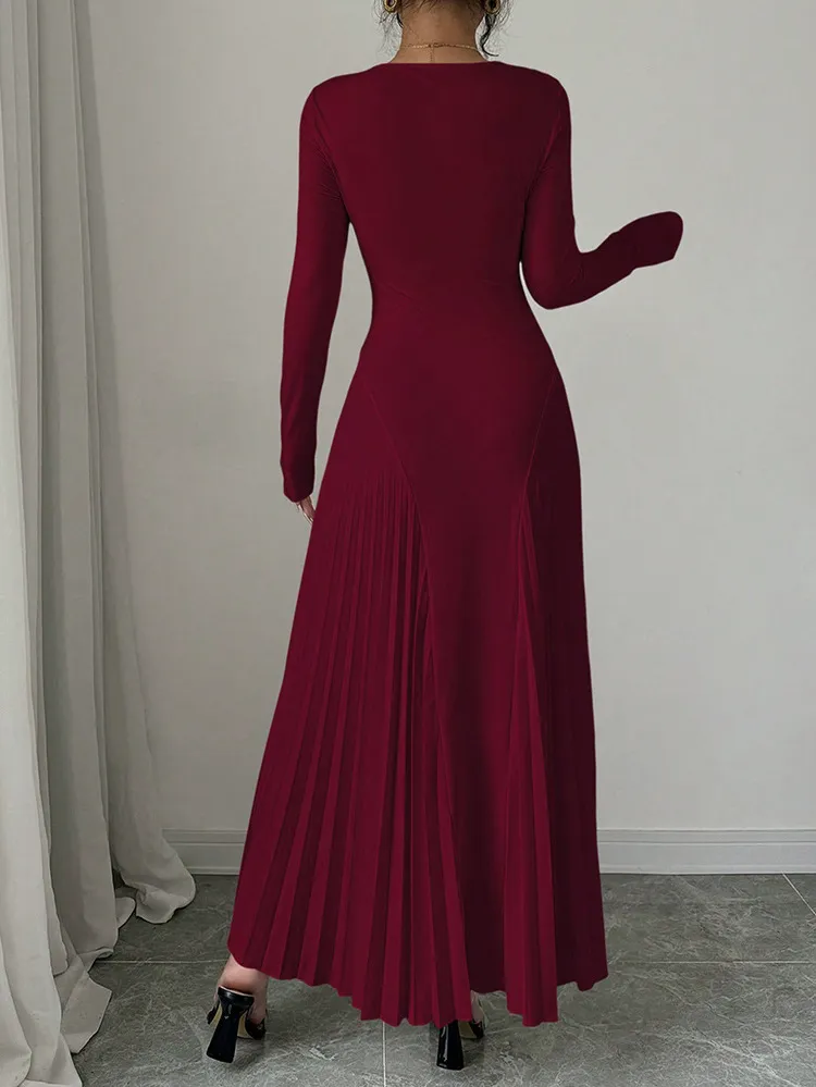 Long Sleeve Knitted Long Skirt Pleated Dress Elegant - Red