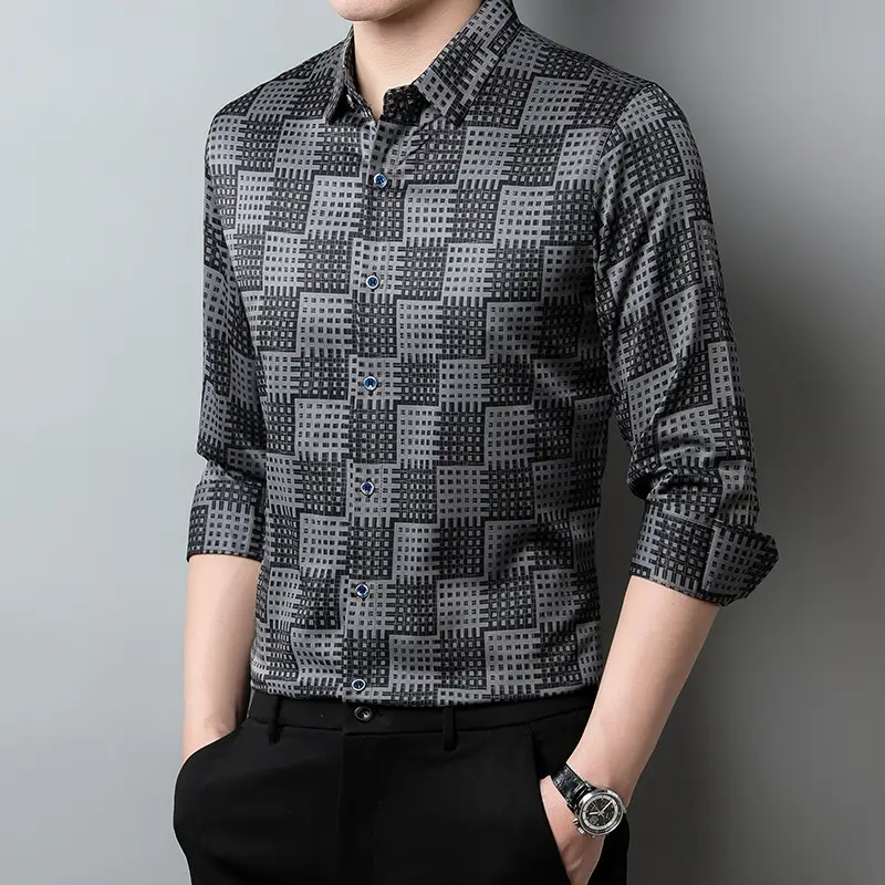 Fashion Personality Plaid Top Men's Lapel Long Shirt