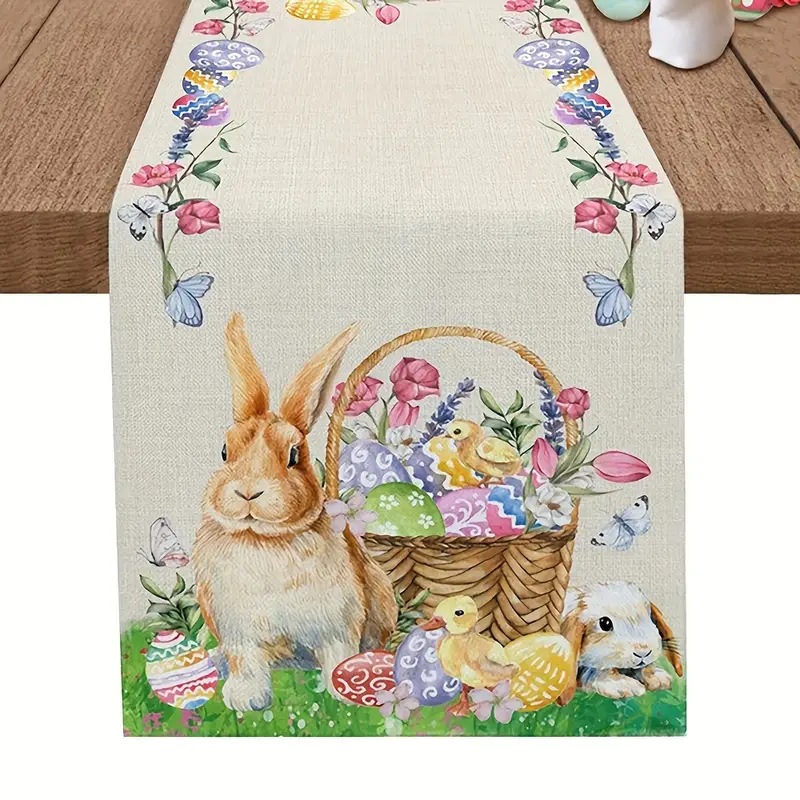 Easter Table Runner Rabbit Egg Decoration Linen Printing Table Cloth - Picture 7 of 32