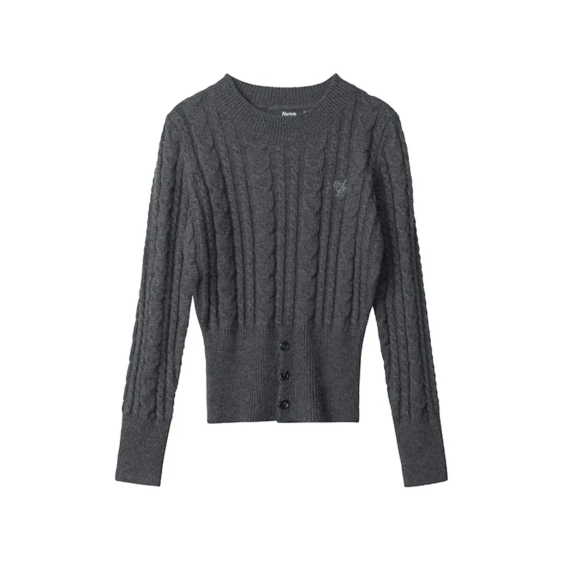 Women's Twist Button Hem Knitted Sweater - Dark Grey
