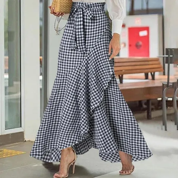 Women's Plaid Mermaid Ruffle Irregular Skirt Blue - Shop at LoveMi