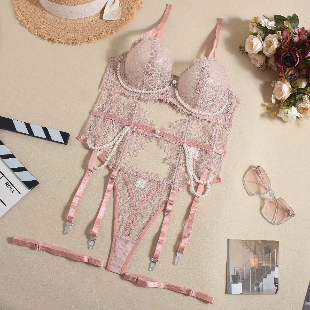 Bra See through Lace Fishbone Pearl Decorative Sexy Lingerie 4 piece Set Light Pink - Shop at LoveMi