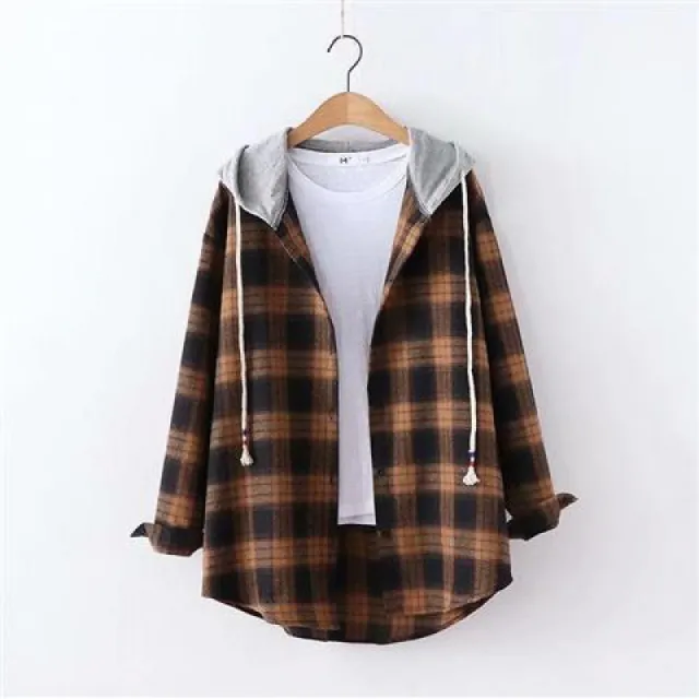 Retro Style Springsummer Autumn Plaid Shirt Women's Loose And Hooded Cardigan Coat Vintage Coffee - Shop at LoveMi