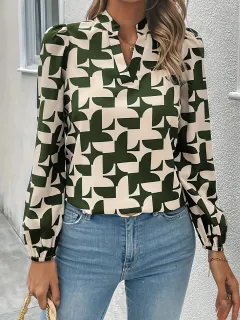 Women's Clothing Commuting Fashion V-neck Printed Pullover - Green - View 1