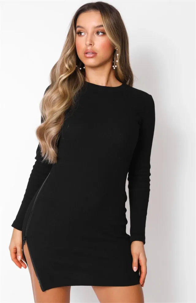 Women's Zipper Split Long Sleeve Slim Fit Dress Black - Shop at LoveMi