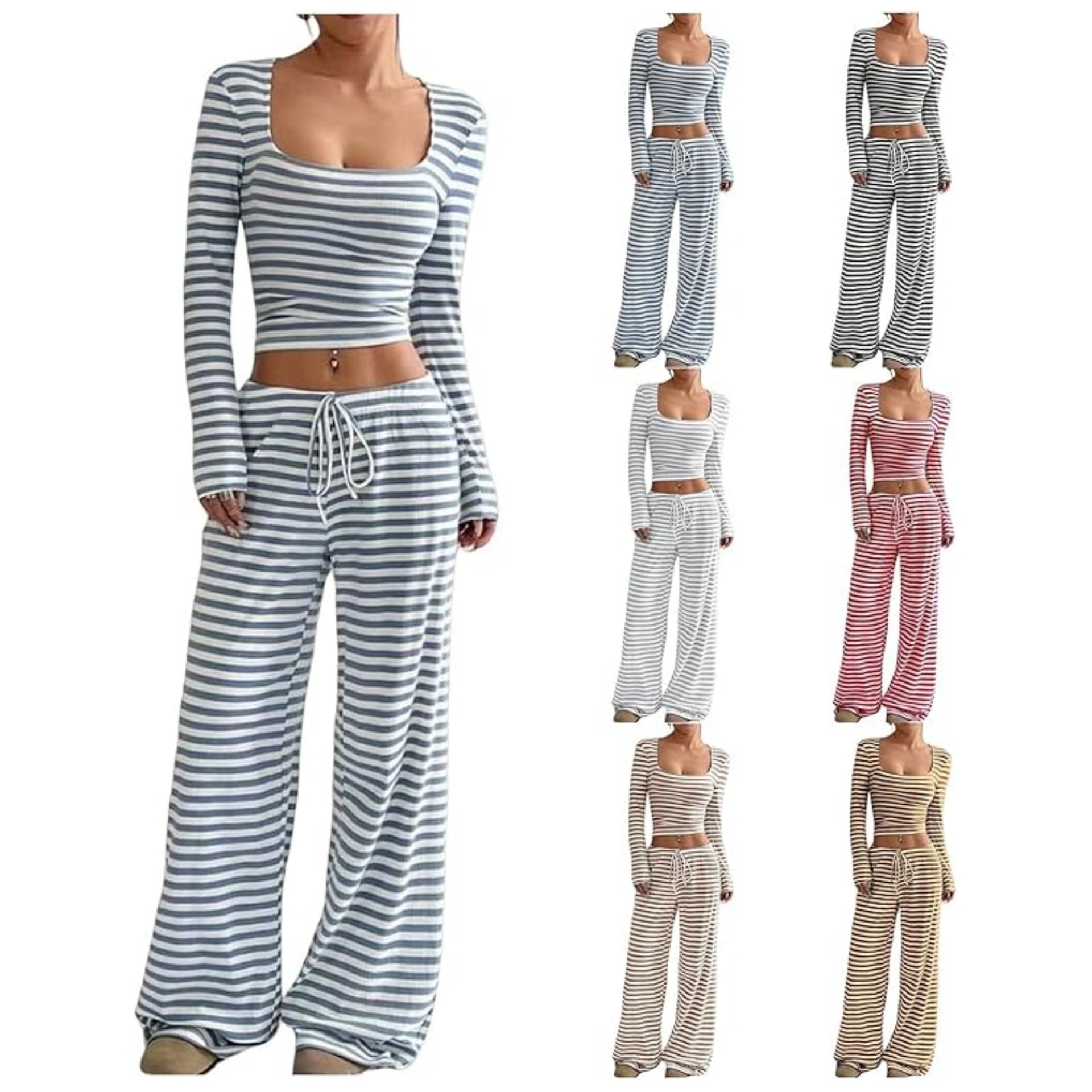 Womens Striped High-Waist Slimming Wide-Leg Pants