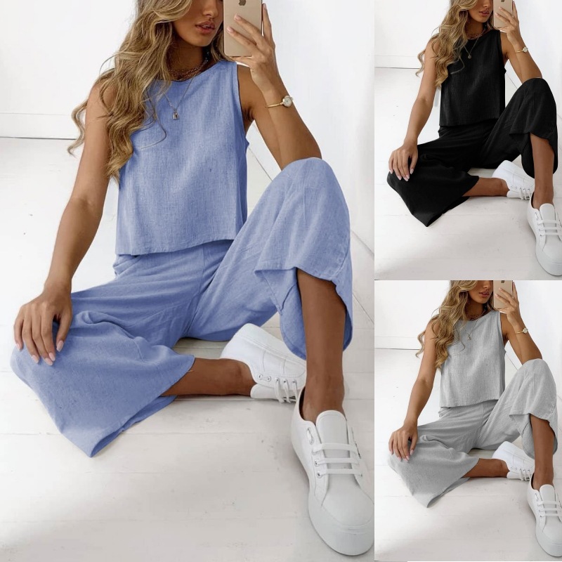 Cotton And Linen Suit Women's Sleeveless Shirt Cropped Wide-leg Pants Two Piece Set