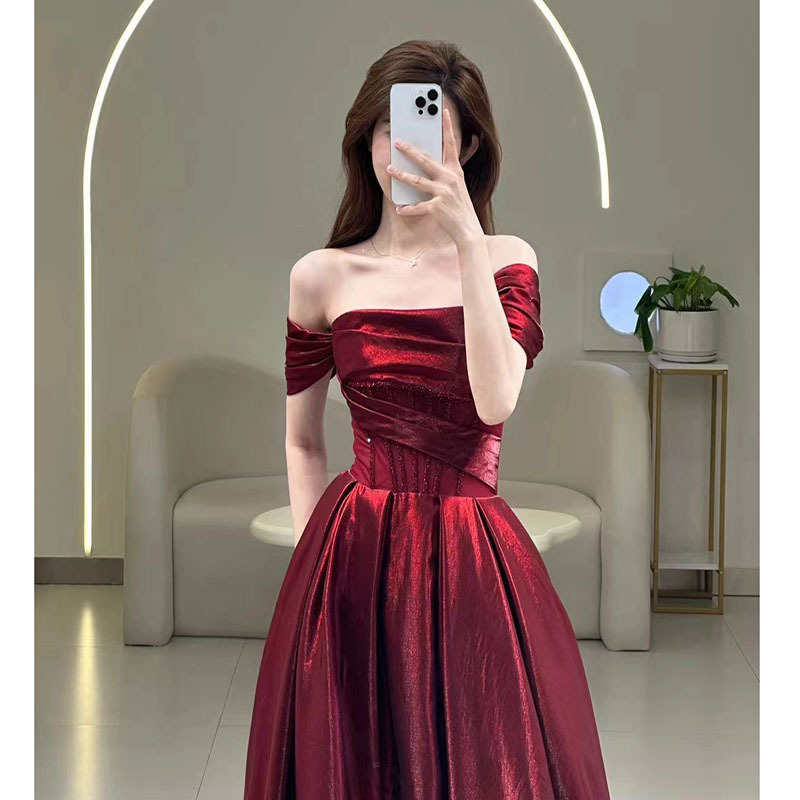Wine Red Off-shoulder French Suit Bridal Slimming Toast Clothing Dress