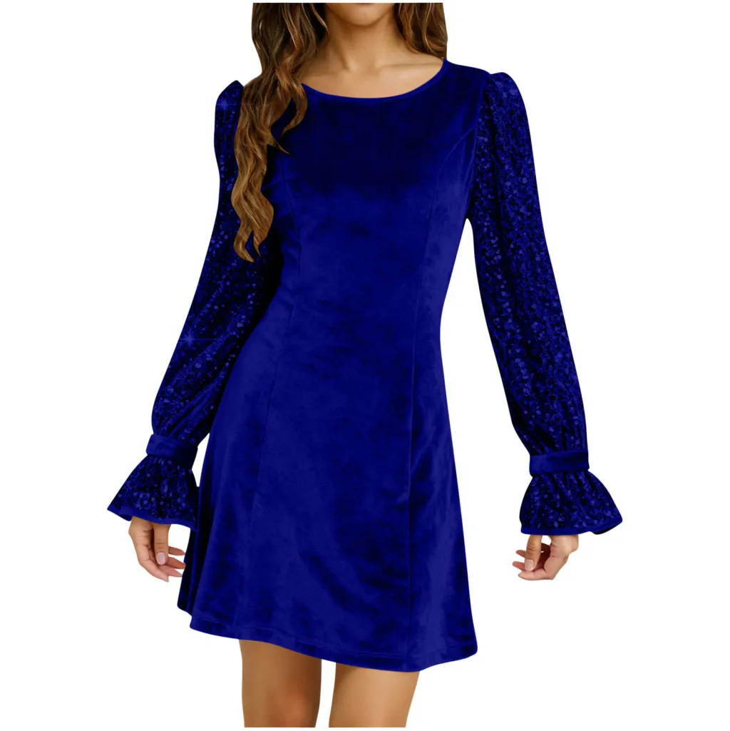 Solid-Color Crew-Neck Gold Velvet Sequin Long-Sleeve Dress - Blue