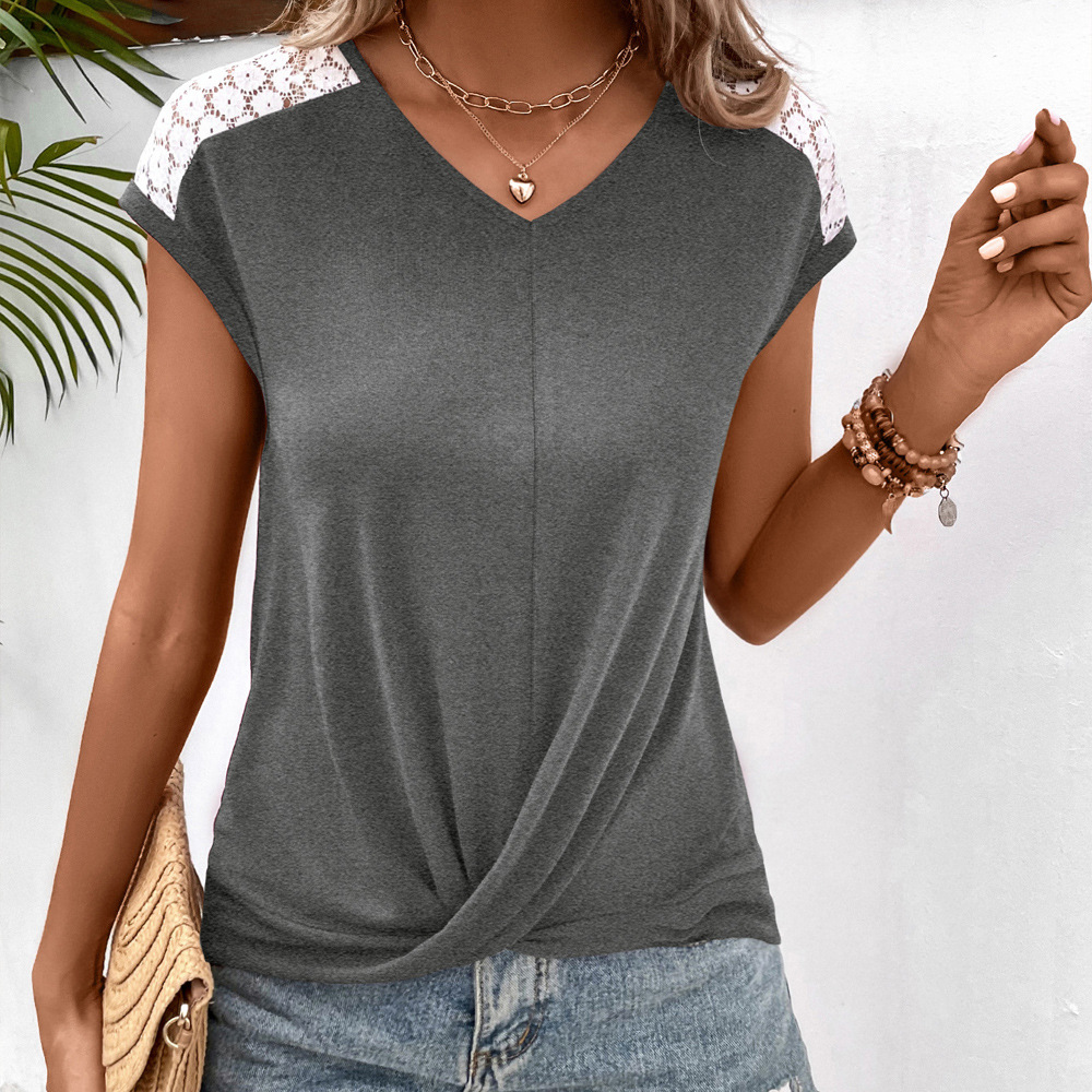 European And American Hollow Lace V neck Patchwork Casual And Comfortable Short Sleeve Flower Grey - Shop at LoveMi