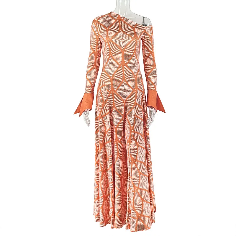 Commuting A-line Skirt One-shoulder Collar Long Sleeve Dress - Orange Red