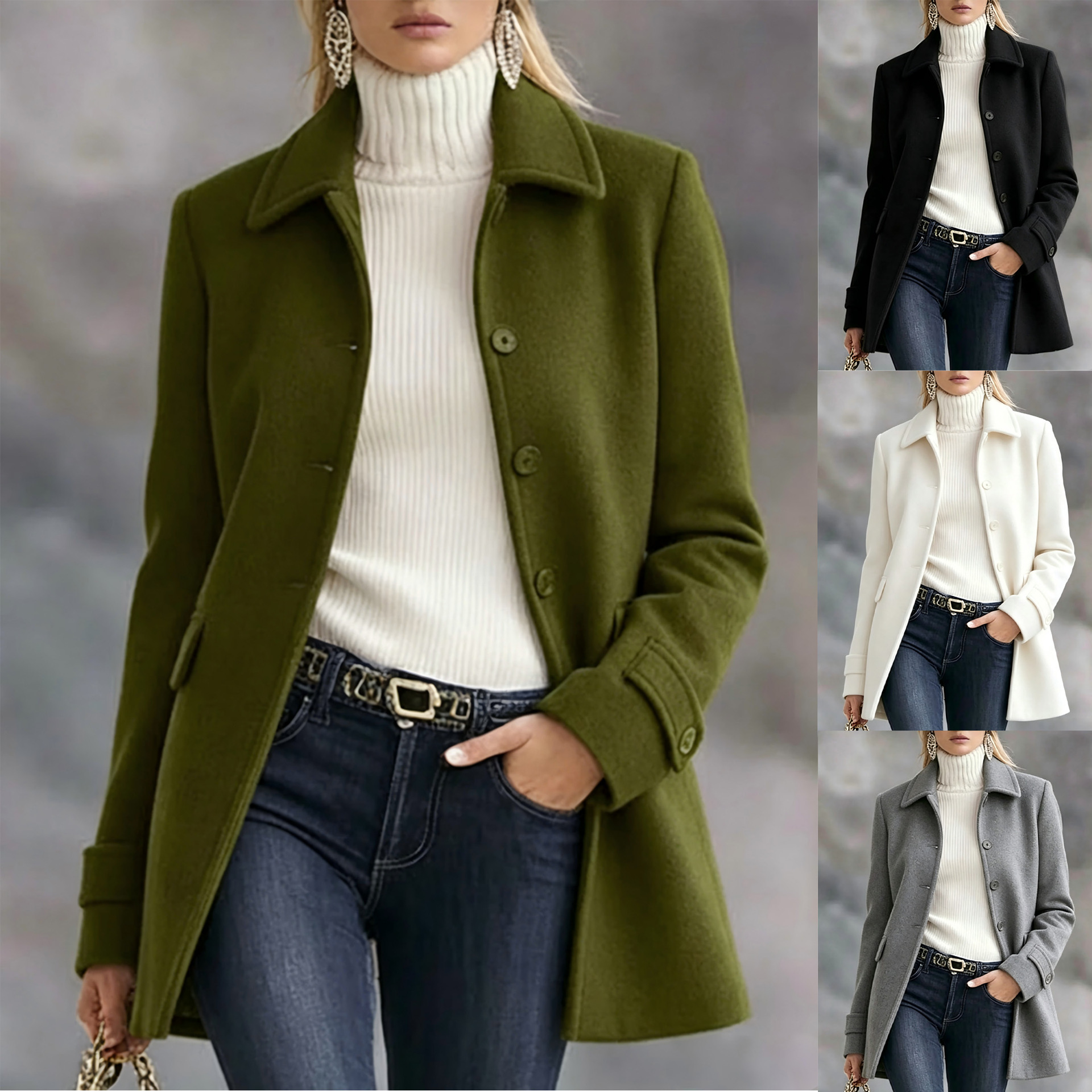 Mid-length Elegant Wool Coat With A Lapel And Buttons