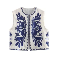European And American Women's Clothing Sleeveless Embroidered Vest Women's Top - Blue - View 1