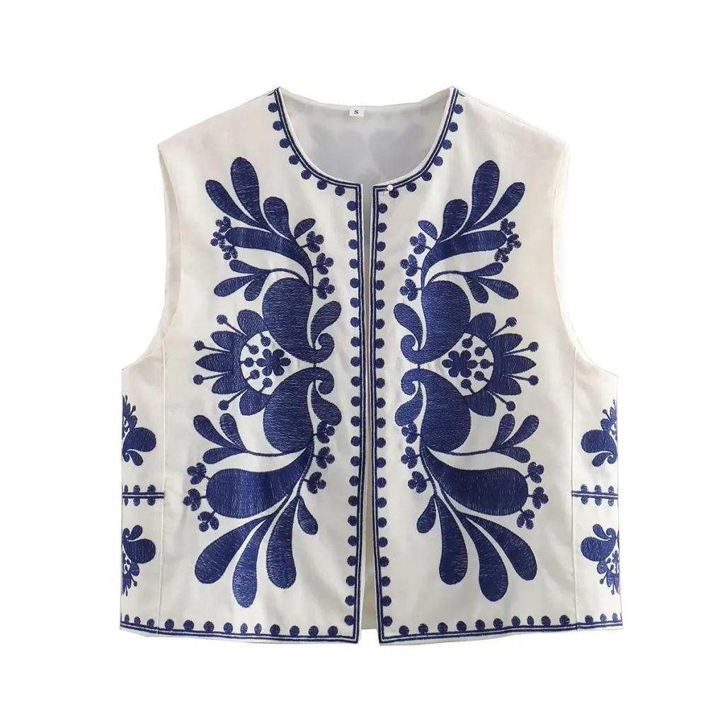 European And American Women's Clothing Sleeveless Embroidered Vest Women's Top - Blue