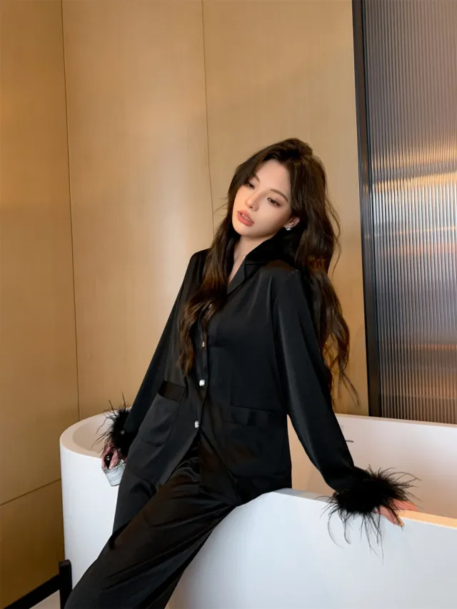 Ice Silk Long Sleeve Plus Size High grade Solid Color Suit Black - Shop at LoveMi