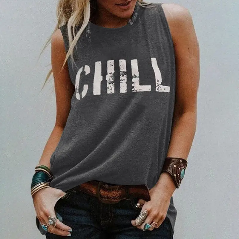 Summer Loose Round Neck Pullover Letter Print Sleeveless Outerwear Top