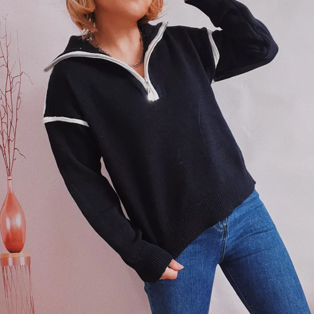 Casual Knitted Zipper And Lapel Contrast Color Long Sleeves Women's Black - Shop at LoveMi