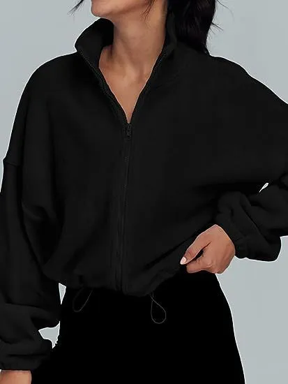 Women's Polar Fleece Sports Velvet Stand Collar Zipper Jacket Black - Shop at LoveMi