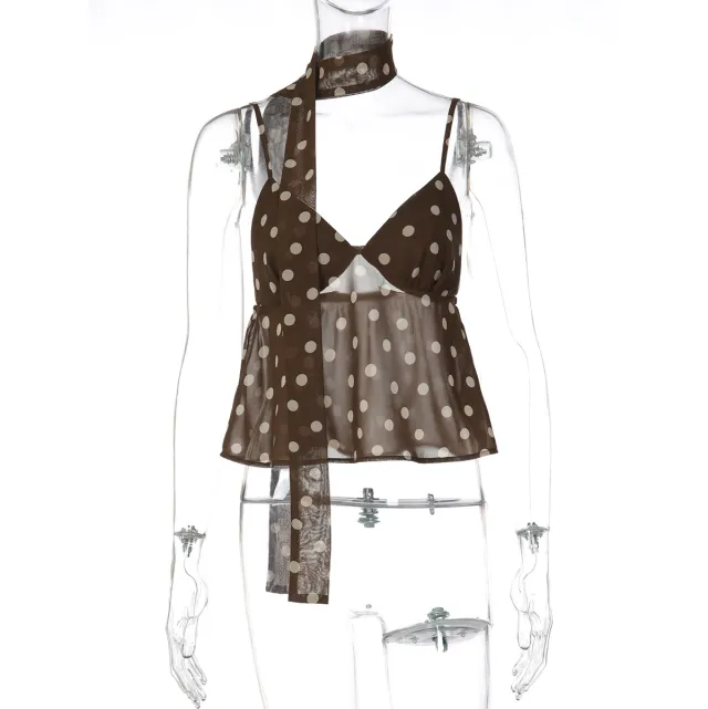 Women's V neck Backless Polka dot Camisole, Plus A Complimentary Silk Ribbon Brown - Shop at LoveMi