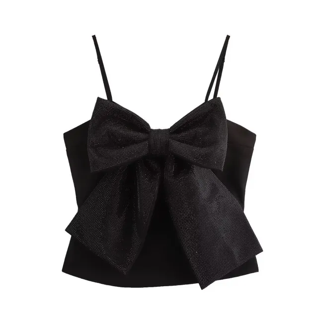Women's Style Stylish Simple And Versatile Rhinestone Bowknot Decoration Sling Top Black - Shop at LoveMi