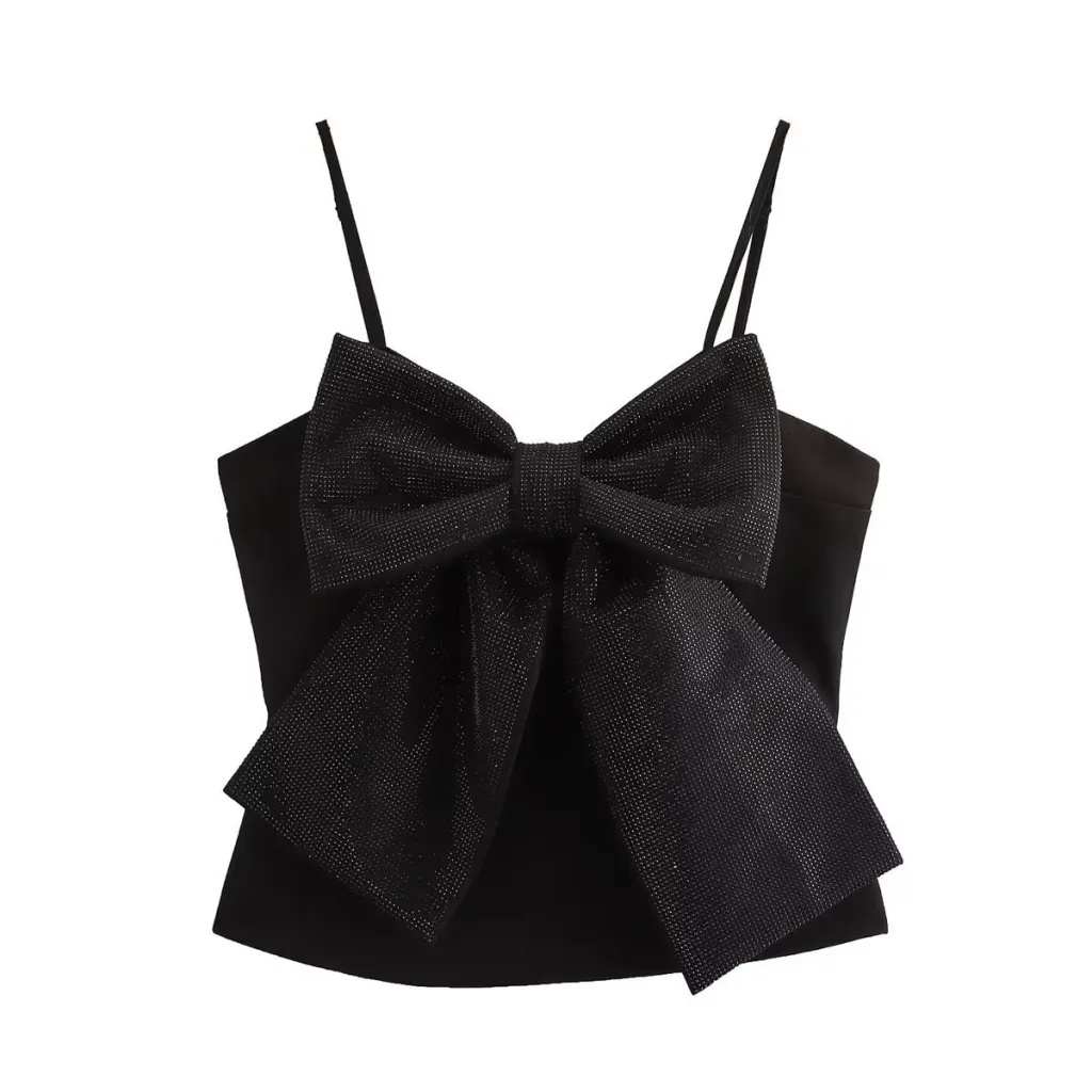 Women's Style Stylish Simple And Versatile Rhinestone Bowknot Decoration Sling Top - Black