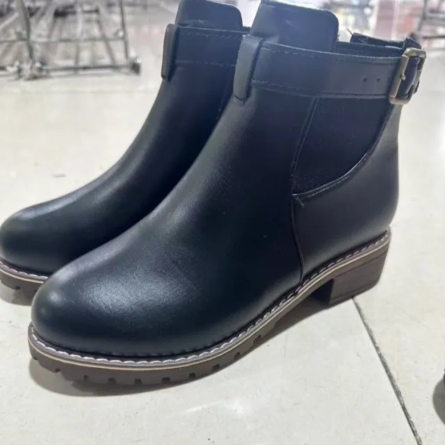 Belt Buckle Decoration Round Head Ankle Boots Black - Shop at LoveMi