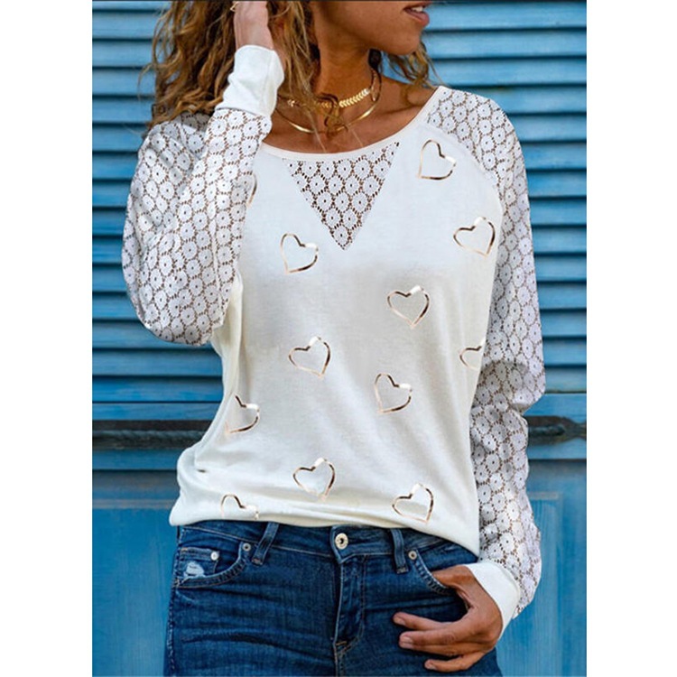 Title 3, Long Sleeve Love Print Round Neck Lace T-Shirt