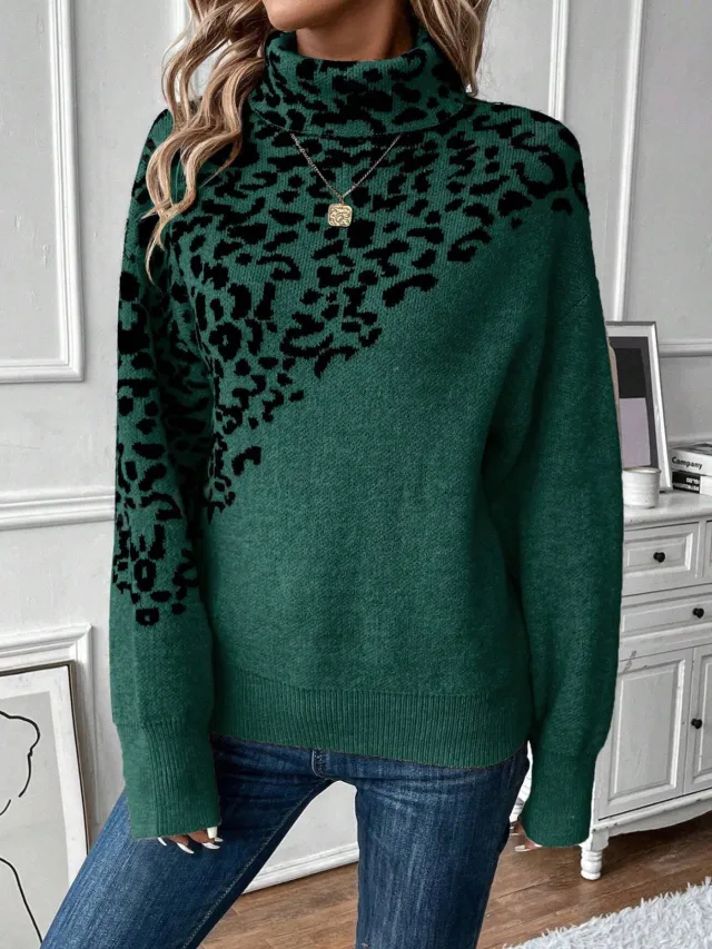 Turtleneck Leopard Print Long Sleeve Loose Fashion Casual Sweater Green - Shop at LoveMi