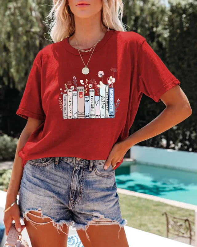 Summer New Book Flower T shirt Cute Fashion Round Neck Pullover Red - Shop at LoveMi
