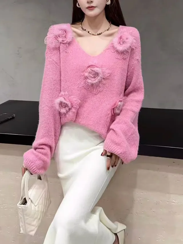 Gentle Style 3D Floral V neck Sweet Age reducing Sweater Pink - Shop at LoveMi