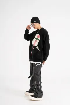 Heart-shaped Knitted Crocheted Crew Neck Casual Sweater - Black - View 1