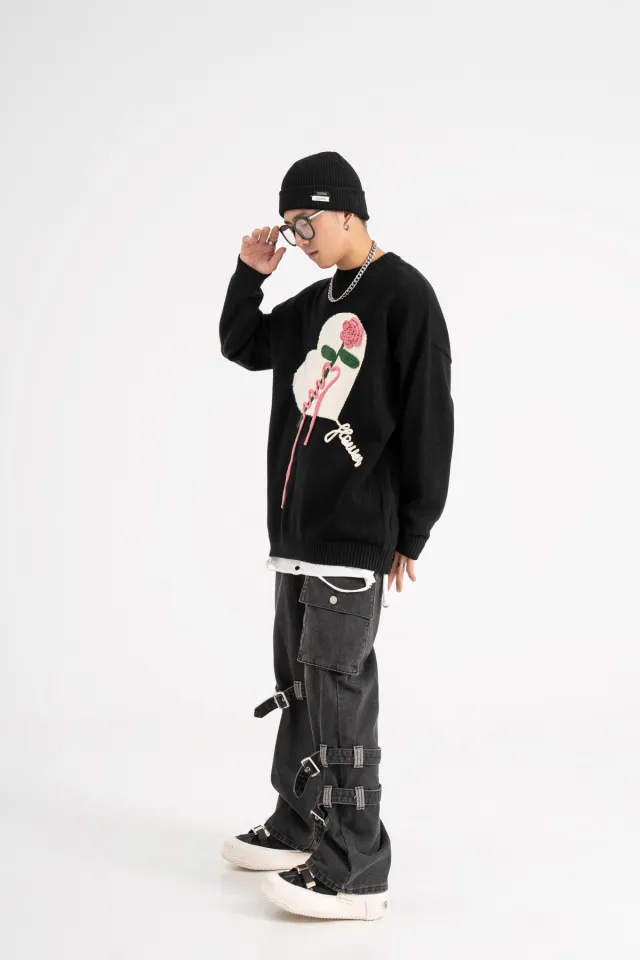 Heart shaped Knitted Crocheted Crew Neck Casual Sweater Black - Shop at LoveMi