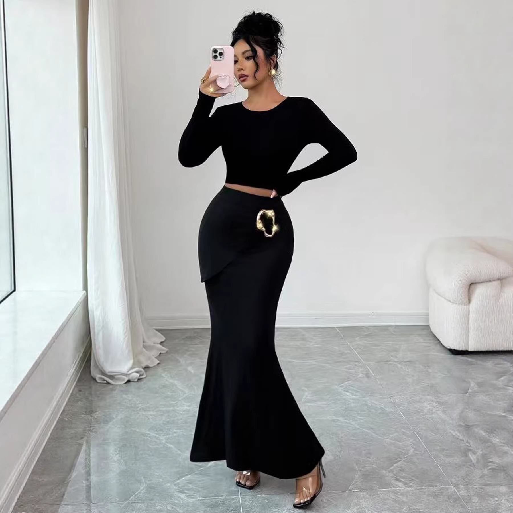 Solid-color Elegant Midi Skirt Sexy Metal-accented Sheath Fishtail Skirt