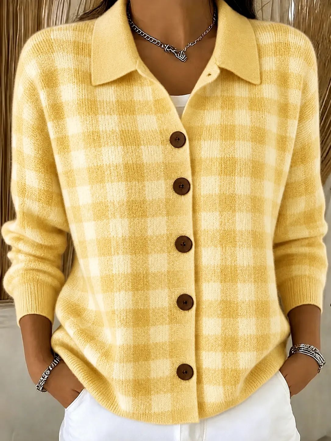 New Fallwinter Womens Loose-fit Plaid Long-sleeve Lapel Sweater Cardigan