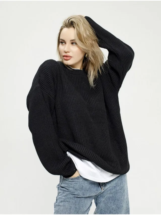 Women's Sweater Round Neck Pullover Loose fitting Long Sleeves Black - Shop at LoveMi