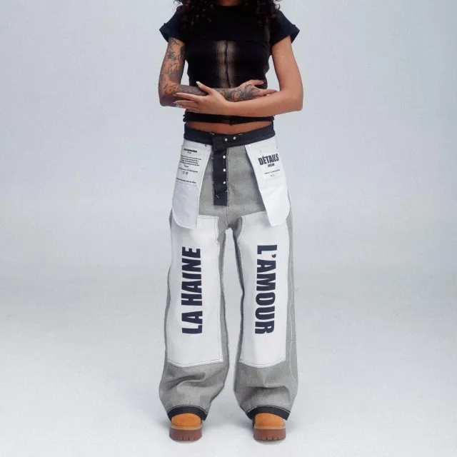 Letter Patch Splicing All matching Long Pants Gray - Shop at LoveMi