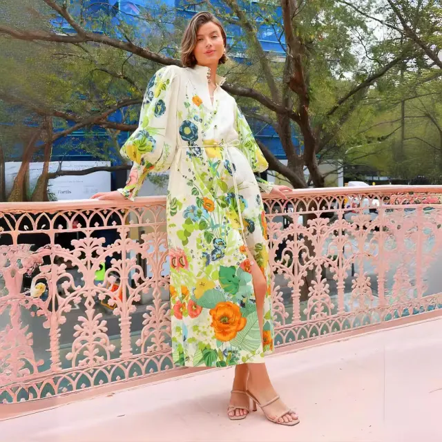 Single breasted Long Lantern Sleeve Graffiti Printing Lace up Waist Dress Color - Shop at LoveMi