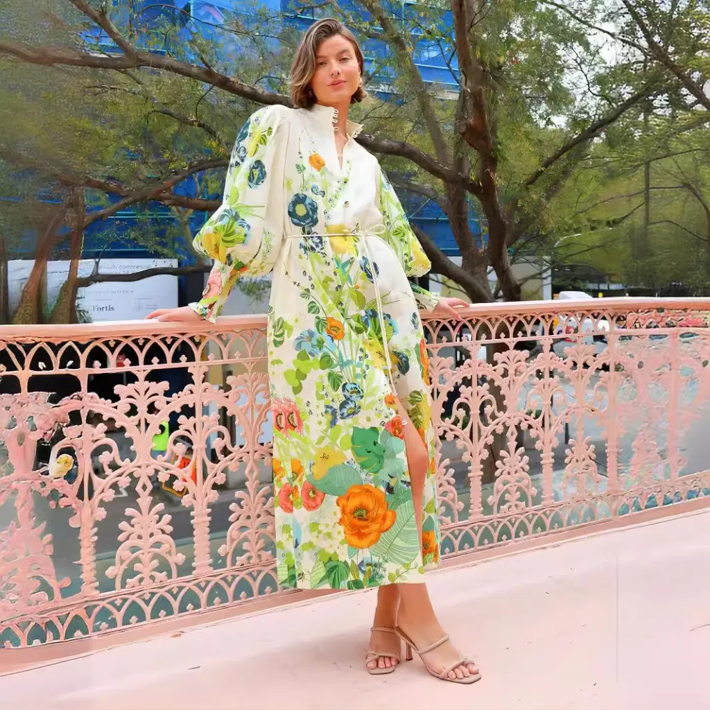 Single-breasted Long Lantern Sleeve Graffiti Printing Lace-up Waist Dress - Color