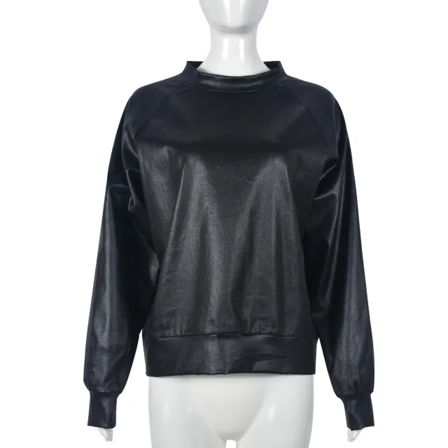 Round Neck Long Sleeve PU Leather European And American Top Leather Coat Black - Shop at LoveMi