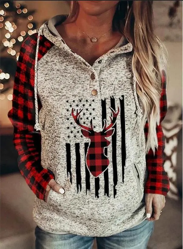 Hooded Loose Fleece Sweater Plaid Printed Long sleeved Top Red - Shop at LoveMi