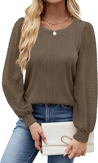 Women's Round Neck Chiffon Puff Sleeve Fashion Brown - Shop at LoveMi