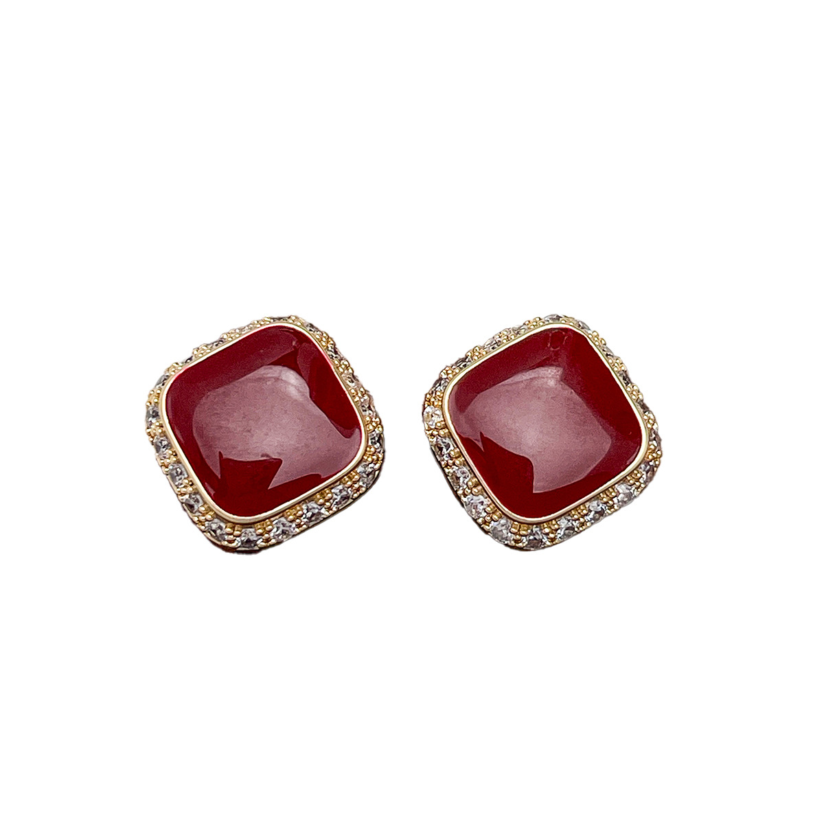 Retro Red Plate Temperament Inlaid Square Simple And Stylish Earrings