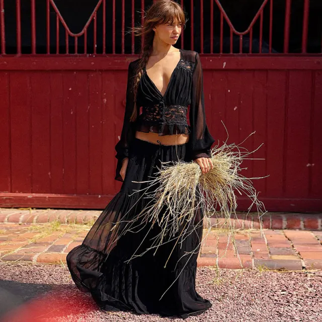 Womens Lace Chiffon Cardigan Top And Loose Long Skirt Set Black - Shop at LoveMi
