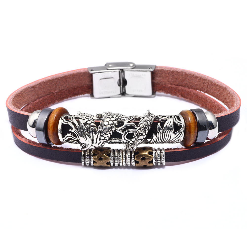 Men's Ethnic Style Chinese Dragon Stainless Steel Buckle Cattle Leather Bracelet Jewelry