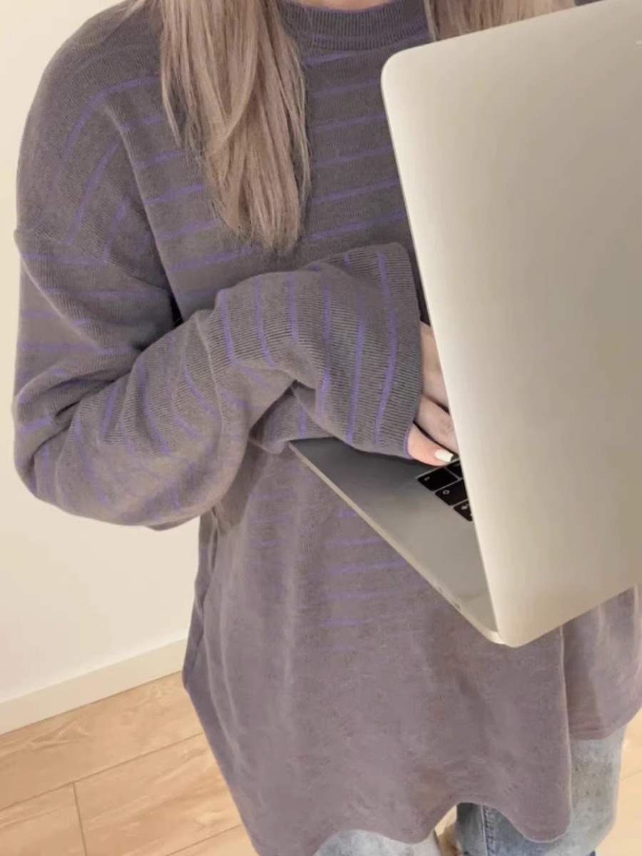 Women's American-style Retro Purple Striped Long-sleeved T-shirt