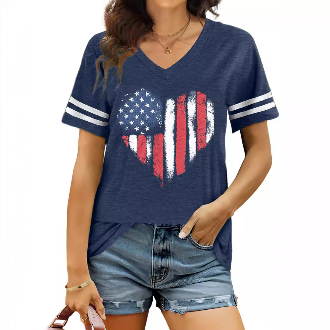 Womens V-neck Cotton T-shirt With Flag Print