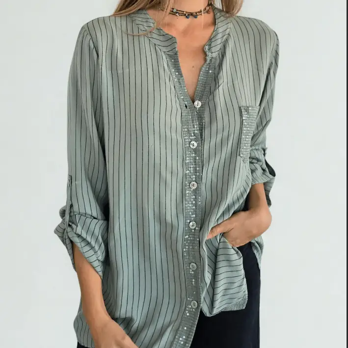 Womens Loose Casual Multi-Colored Striped Shirt
